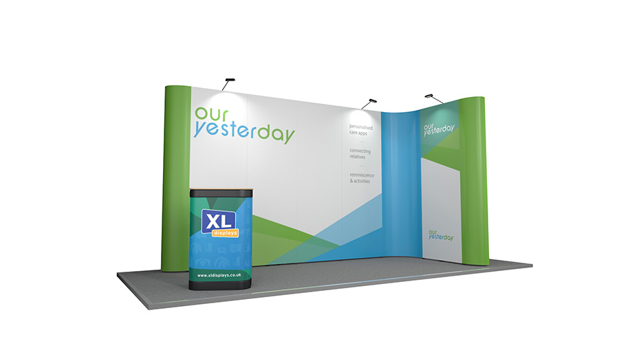 Pop Up Exhibition Stand L-Shaped 5m x 2m Includes Four LED Lights 